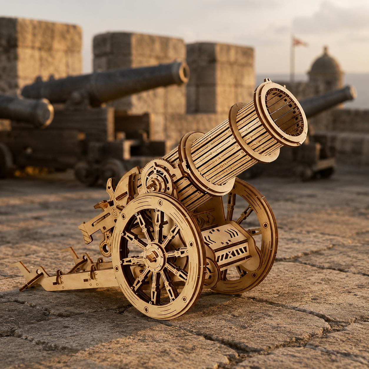 Wheeled Cannon 3D Wooden Puzzle Kit DIY Wooden Model Cannon Mechanical-Style Desk Decor Unique Gift 35cm Build