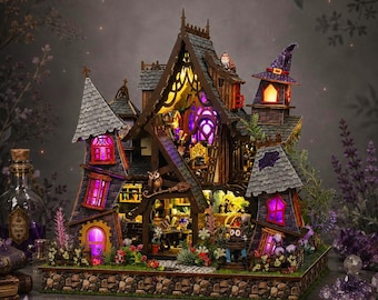 Zestaw drewnianych puzzli 3D „Zamek czarownicy” | Kącik książkowy „Dom nawiedzony” DIY | Miniaturowy domek dla lalek z oświetleniem LED