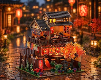 Gör-det-själv miniatyrbyggsats för japansk sushibutik med LED-ljus | 3D-träpussel i dockhus | Skrivbordsdekoration, present till matälskare