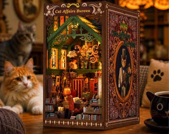 Katzenangelegenheiten Büro Buch Nook Kit | Doppelseitige DIY Holzbuchecke | LED Miniatur Bücherregal Einsatz | Geschenk für Katzenliebhaber