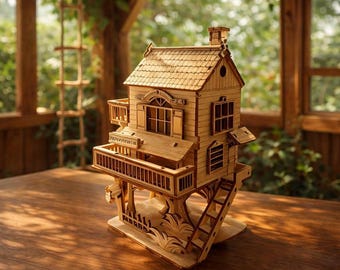 May include: A detailed wooden treehouse model with a shingled roof, balconies, and a ladder. The miniature house is constructed from light-colored wood and features intricate cut-out designs. The model sits on a wooden surface, with a natural background.