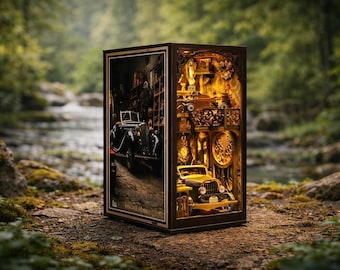 Kit de rincón de lectura en garaje vintage / Diorama de taller mecánico en miniatura (LED + cubierta antipolvo)