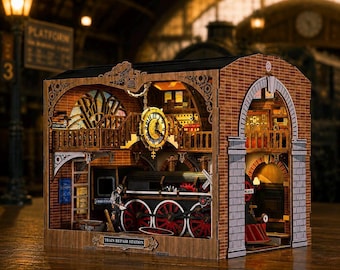 Train Repair Station Book Nook Kit | DIY Wooden 3D Puzzle | Steam Train Diorama Bookshelf Insert | Retro Tram Depot Model