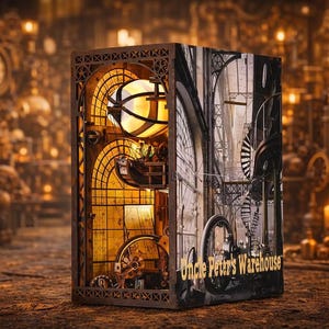 Puede incluir: Un rincón de libro de madera con temática steampunk con detalles intrincados. El lado izquierdo presenta un interior cálido e iluminado con engranajes y un orbe brillante. El lado derecho muestra una escena arquitectónica en blanco y negro. El texto "Uncle Peter's Warehouse" es visible.