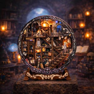 Magische Bibliothek Buch Nook DIY Kit | Rundes Magier Diorama mit Lichtern (Fantasy Decor)