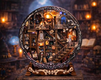 Magic Library Book Nook DIY Kit | Round Wizard Diorama With Lights (Fantasy Decor)