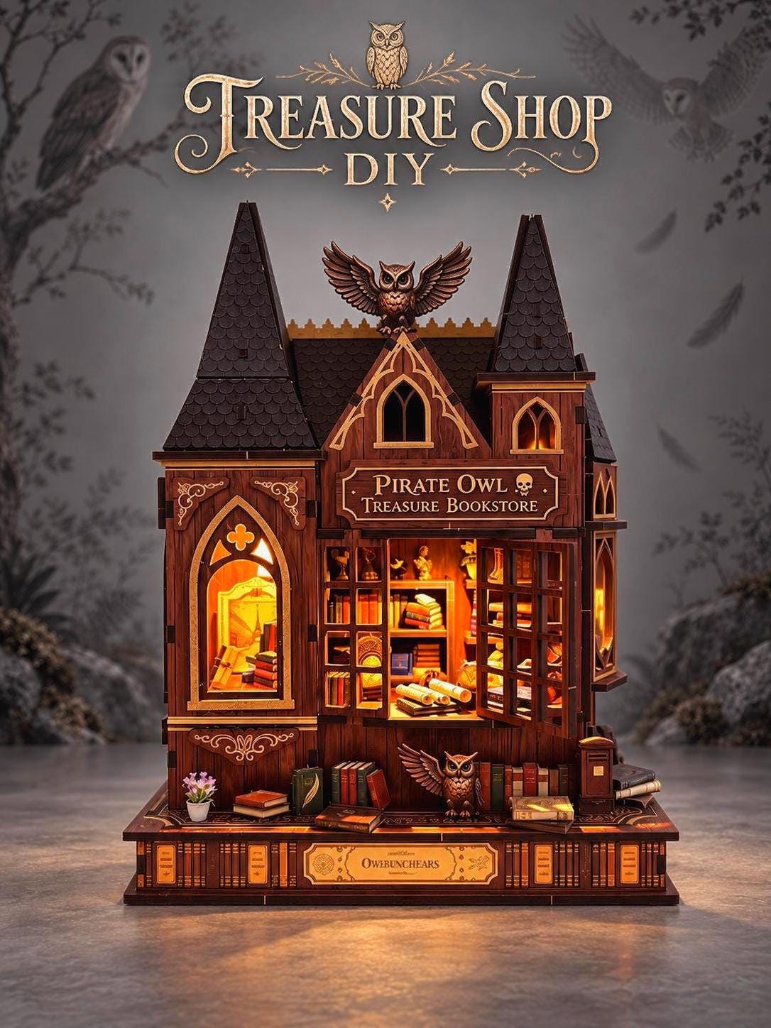 Pirate Owl Treasure Bookstore DIY Wooden Puzzle | 3D Miniature Bookshop Kit | Gothic Fantasy Dollhou