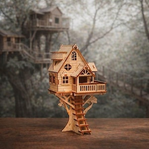 May include: A wooden treehouse model with a detailed design, featuring a balcony, windows, and a ladder. The treehouse is constructed from light-colored wood and is set against a blurred background of a forest and other treehouses.