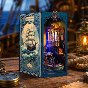 Ocean Book Nook Kit “Riddle on the Seabed” | DIY Wooden Bookshelf Insert w/ LED Lights | Nautical Miniature Diorama | Gift for Readers