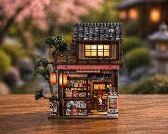 Wisdom Tree Buch Nook Kit | Japanische Mini Bookshop Buchstütze mit LED-Licht | DIY Holz Bücherregal Einsatz | Gemütlicher Schreibtisch Dekor Geschenk