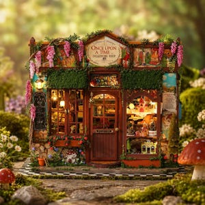 以下が含まれることがあります： 茶色の木造のファサードに花と緑が飾られたミニチュアのドールハウスショップ。看板には「Once Upon a Time... Dollhouse Shop」と書かれています。店内は照明で照らされ、ミニチュアのアイテムが展示されています。シーンはキノコと花のある庭に設定されています。