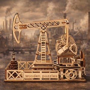 May include: A wooden puzzle depicting an oil pump jack with intricate gears and a ladder. The model is made of light-colored wood and features the text "wooden puzzles" on the base. The background shows an industrial cityscape.