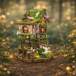 May include: A whimsical fairy house with a moss-covered roof, adorned with butterflies and flowers. The miniature dwelling features multiple levels, windows with warm interior lighting, and a small white rabbit figurine. The house is set in a forest setting.