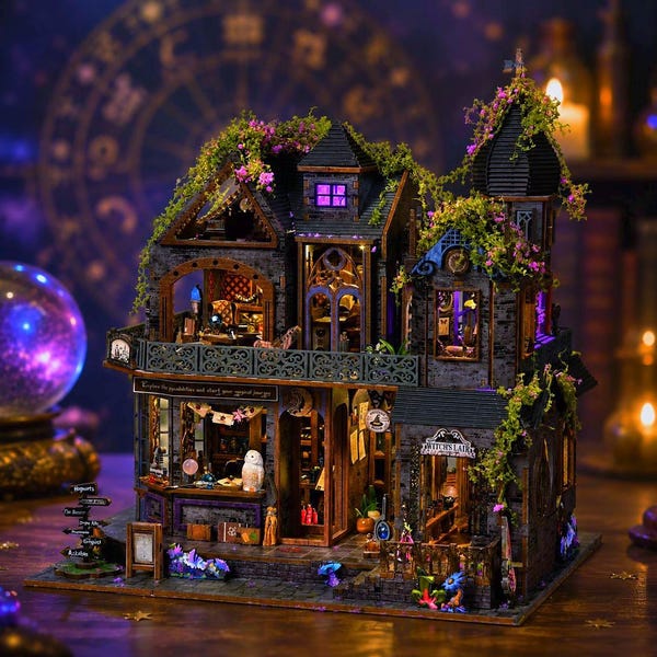 Magic Castle Book Nook Kit – 3D DIY Wooden Dollhouse Model w/ LED Lights – Witch’s Lair Miniature Bookshelf Insert – Fantasy Home Decor Gift