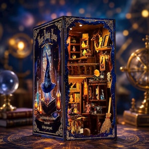 Puede incluir: Un diorama de madera para estantería con un exterior azul oscuro con filigrana dorada y el texto Magic Reality House. El interior es una habitación de varios niveles con estantes, botellas en miniatura, una escoba e iluminación cálida.
