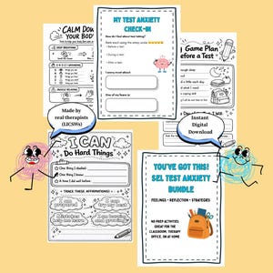 May include: A collection of printable worksheets with text and illustrations on a yellow background. The worksheets cover topics like test anxiety, self-regulation, and affirmations. Includes the text "Instant Digital Download".