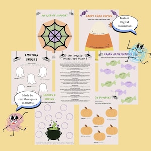 May include: A Halloween counseling bundle of printable worksheets featuring a spider web, candy corn, ghosts, candy, a cauldron, and pumpkins. The pages include text such as My Web of Support, Emotion Ghosts, Candy Affirmations, and Spooky Coping.
