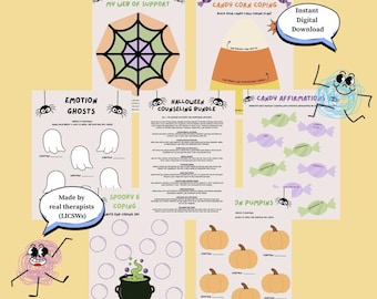 Paquete de actividades de orientación para Halloween / Actividades de aprendizaje socioemocional para Halloween / Hojas de trabajo para orientadores escolares / Regulación emocional y habilidades de afrontamiento / Salud mental