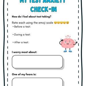 Może przedstawiać: Arkusz zatytułowany "MY TEST ANXIETY CHECK-IN" z pytaniami dotyczącymi odczuć związanych z pisaniem test&oacute;w. Zawiera sekcje do oceniania uczuć za pomocą emotikon&oacute;w oraz miejsca na zapisywanie obaw i lęk&oacute;w. Przedstawiono r&oacute;wnież kresk&oacute;wkowy m&oacute;zg ze znakami zapytania.