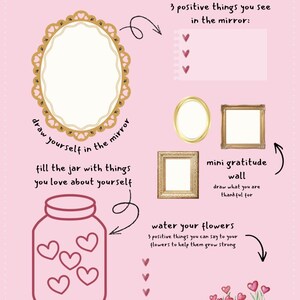 Op de afbeelding: Roze afbeelding met het thema zelfcompassie, met tekst en illustraties. Bevat prompts om jezelf te tekenen, positieve dingen op te sommen en een pot met zelfliefde te vullen. Bevat ook een mini-dankbaarheidsmuur en bloemenverzorging.