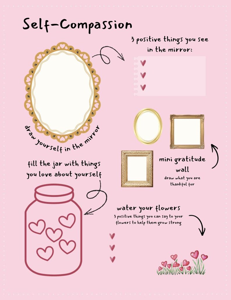 Op de afbeelding: Roze afbeelding met het thema zelfcompassie, met tekst en illustraties. Bevat prompts om jezelf te tekenen, positieve dingen op te sommen en een pot met zelfliefde te vullen. Bevat ook een mini-dankbaarheidsmuur en bloemenverzorging.