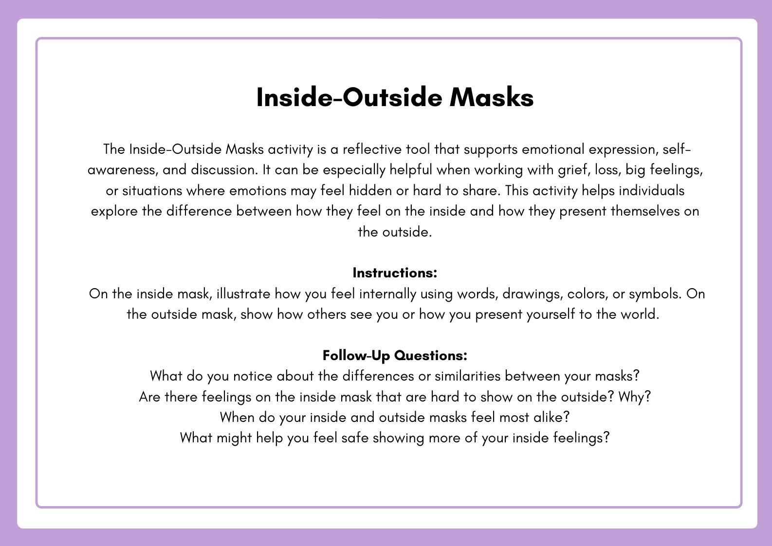 Inside Outside Mask Worksheet.pdf Bilingual Inside-outside Masks Activity | Emotional Expression ...