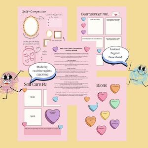 May include: A pink digital download featuring self-care activities. The bundle includes prompts for self-reflection, such as "Dear Younger Me" and "Self-Love Hearts." The text includes "Made by real therapists (LICSWs)" and "Instant Digital Download."