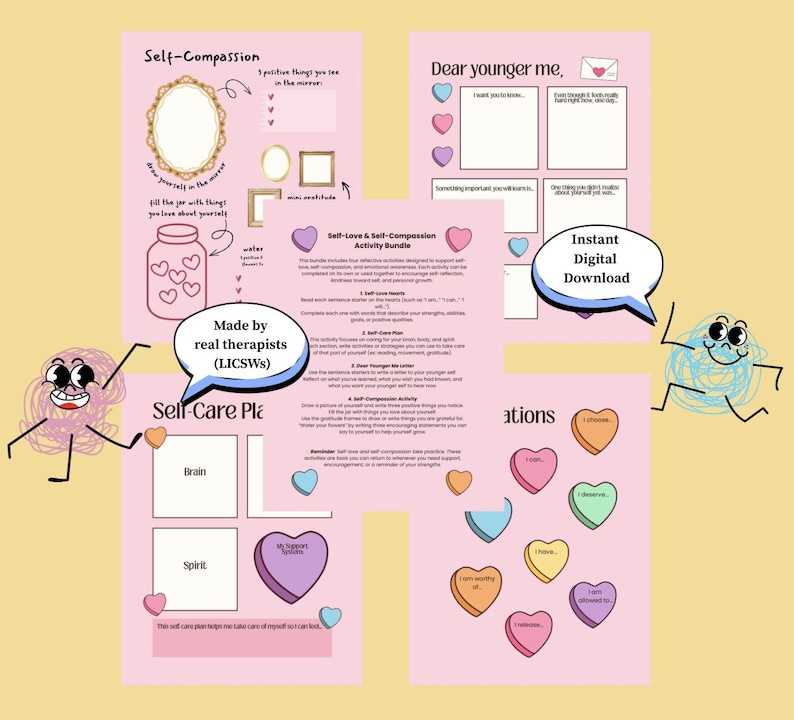 Op de afbeelding: Een roze digitale download met zelfzorgactiviteiten. De bundel bevat prompts voor zelfreflectie, zoals "Lieve jongere ik" en "Zelfliefde-harten". De tekst bevat "Made by real therapists (LICSWs)" en "Instant Digital Download."