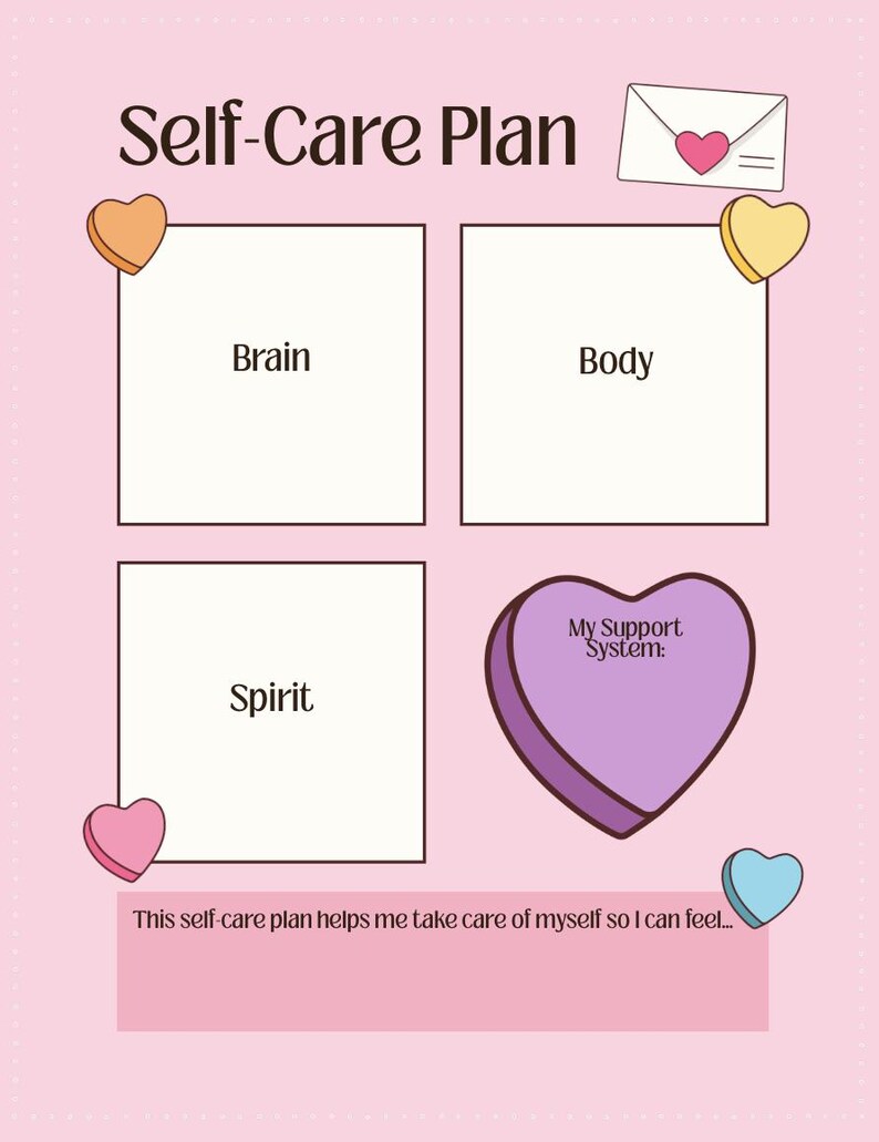 Op de afbeelding: Een roze zelfzorgplan met de titel "Self-Care Plan" bovenaan. Het plan bevat secties voor "Brain", "Body" en "Spirit". Een paarse hartvormige afbeelding leest "My Support System". De onderkant luidt "This self-care plan helps me take care of myself so I can feel..."