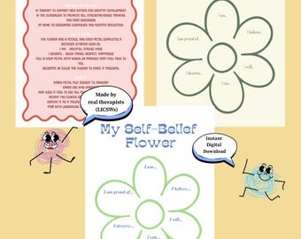 Self-Belief Flower Worksheet | Strengths + Self-Esteem Building Activity | Positive Affirmations | Social + Emotional Learning | Therapy Aid