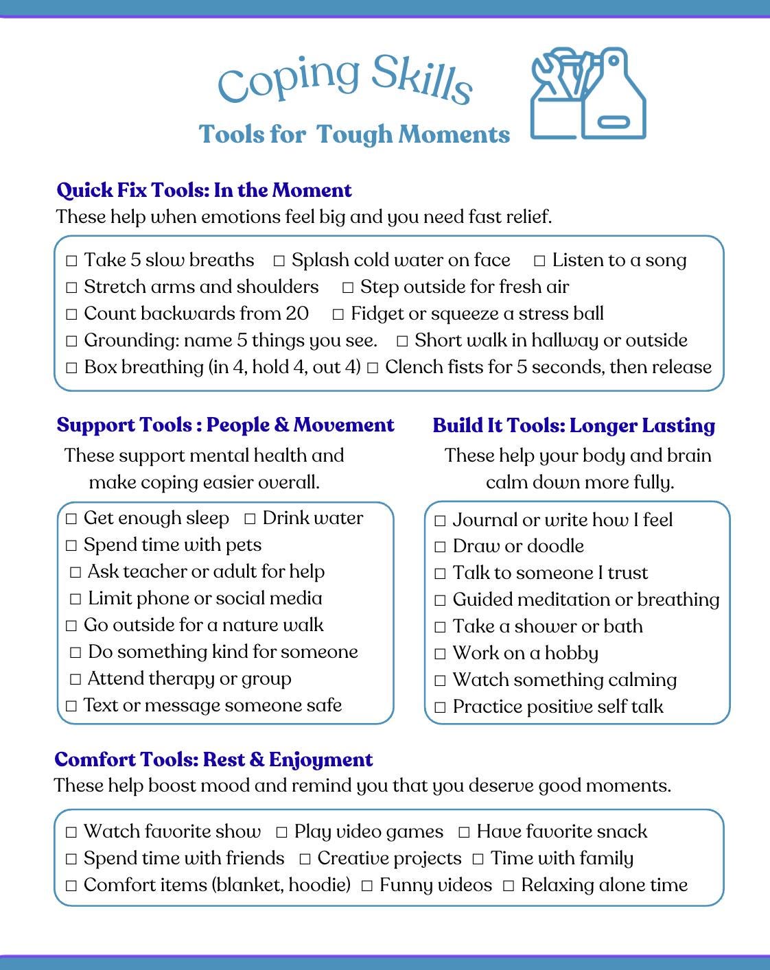 Coping Skills Toolbox Worksheet for Kids and Teens | Therapy Activity ...