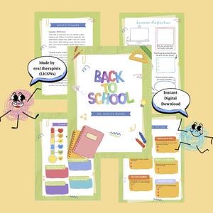 Pode incluir: Um pacote de atividades SEL Back to School com várias folhas de trabalho imprimíveis com gráficos coloridos, incluindo um gráfico de controlo de temperatura, reflexões de verão e secções de objetivos, acompanhado por duas personagens de rabiscos.