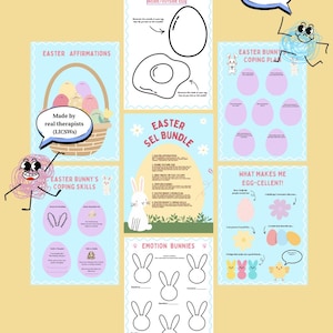 Op de afbeelding: Een digitale download met werkbladen met Pasen als thema. De pagina's bevatten affirmaties, copingvaardigheden en activiteiten met konijnen en eieren. Tekst bevat "Easter Sel Bundle" en "What Makes Me Egg-cellent!"