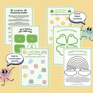 May include: A collection of St. Patty's themed digital download worksheets. The worksheets include a counseling bundle, self-care plan, coping skills, clover of support, gratitude wall, and rainbow of emotions. The text says "Instant Digital Download" and "Made by real therapists (LICSWs)".