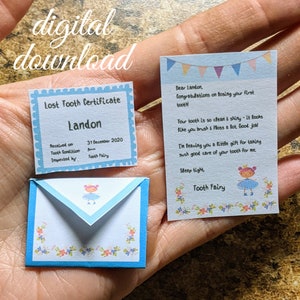 Carta, sobre y certificado de diente perdido del Hada de los Dientes personalizables en miniatura con fuente hecha a mano - DESCARGA DIGITAL - 2 colores