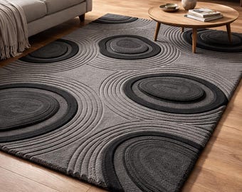 Tapete abstrato circular tufado feito à mão – Tapete geométrico minimalista em preto e cinza