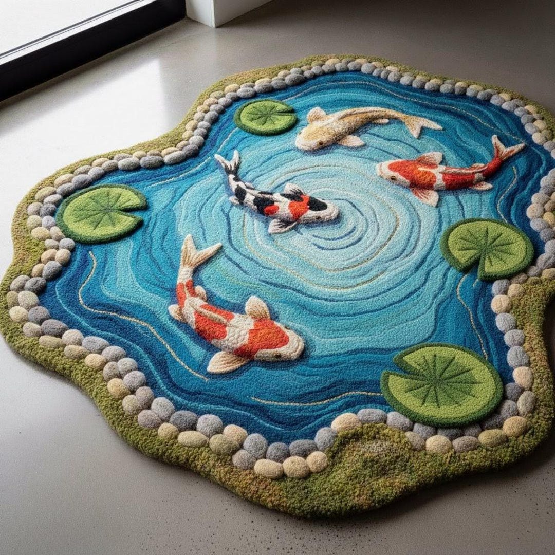 Pond Colors Rug Handmade Koi Fish Pond Tufted Rug – 3D Water Lily Carpet – Nature Area ...