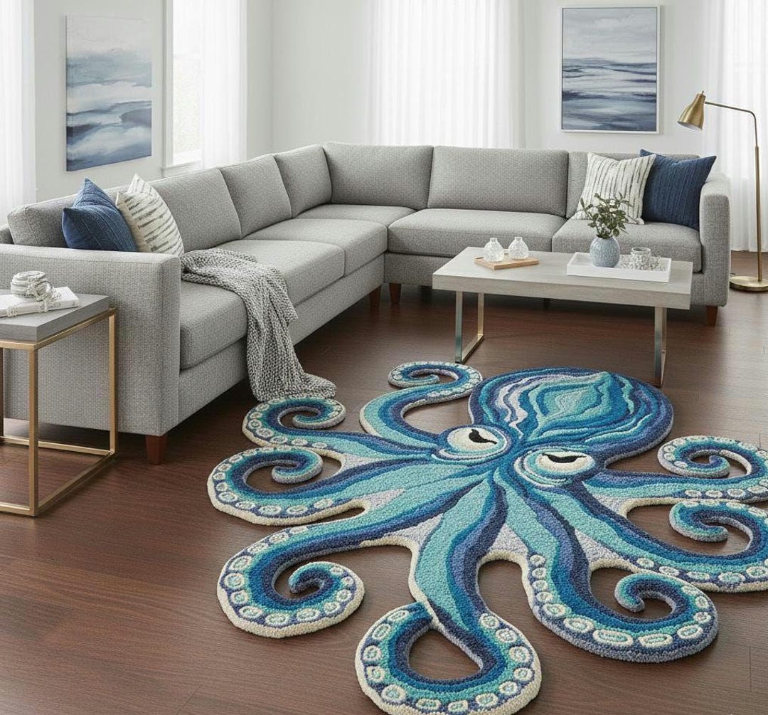 Octopus Channel Rug Handmade Ocean Blue Octopus Rug – Coastal Living Room Carpet - Etsy