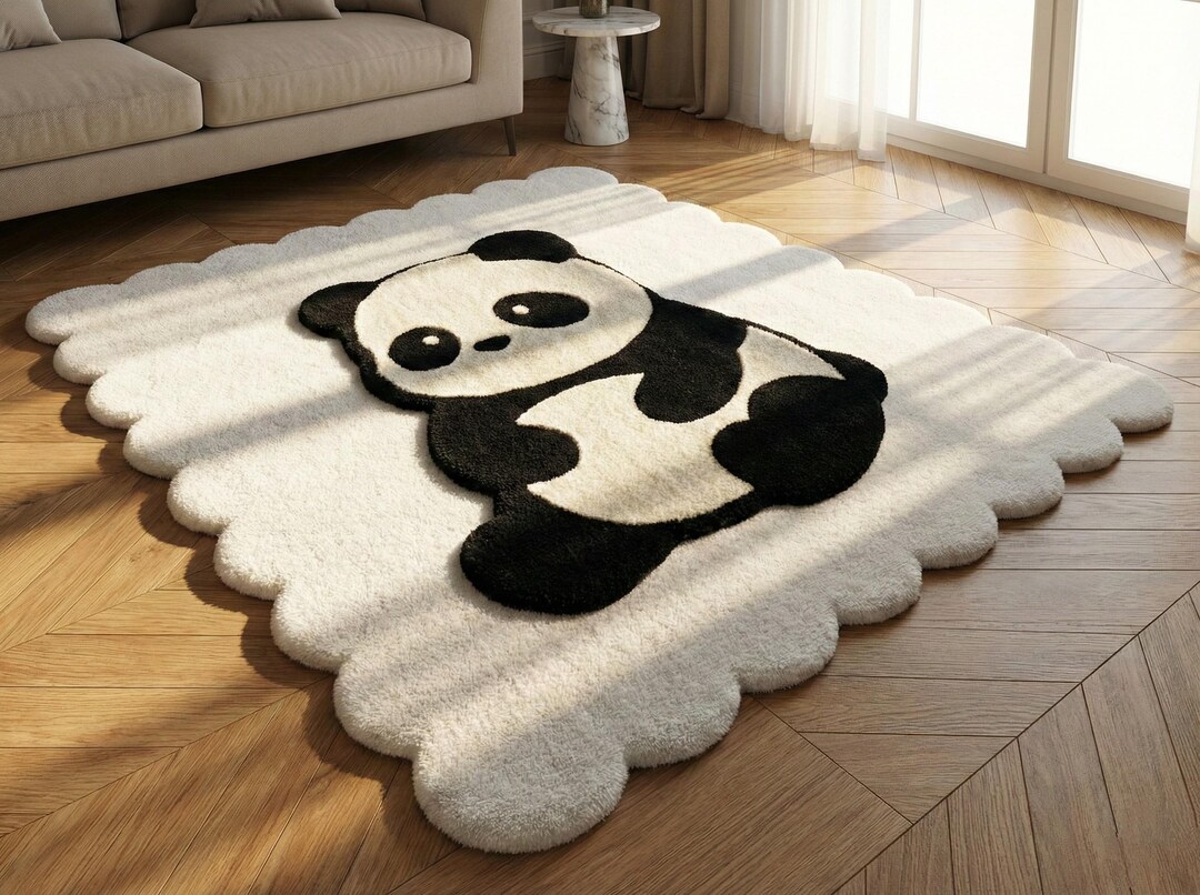 Real Panda Rug Handmade Panda Tufted Rug, Soft Scalloped Edge Kids Carpet, Nursery ...