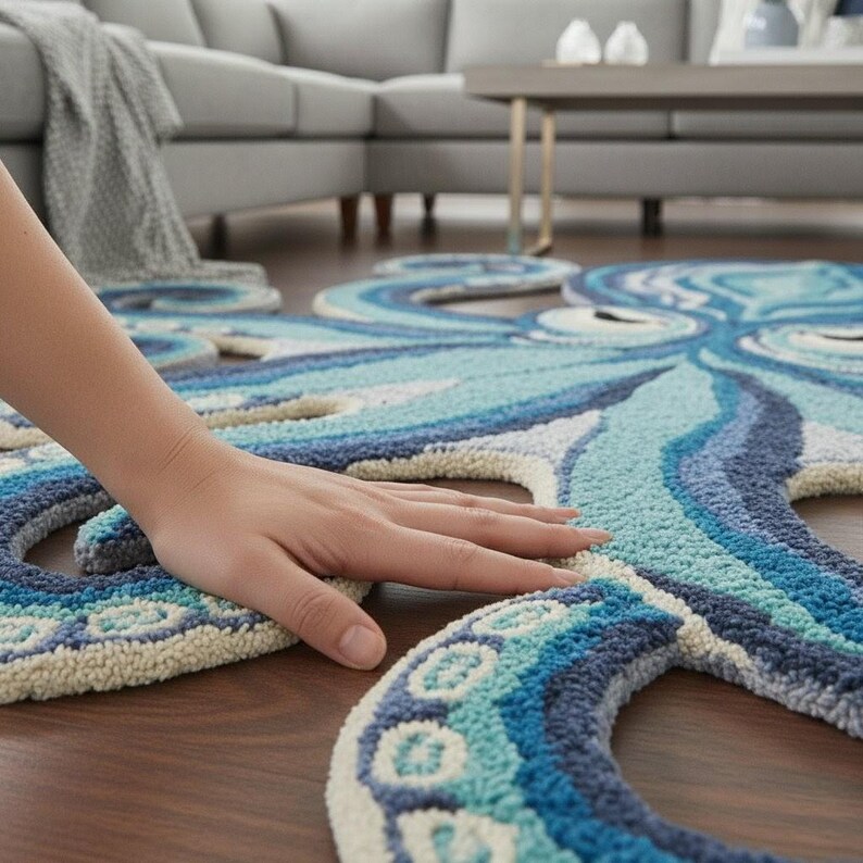 Octopus Channel Rug Handmade Ocean Blue Octopus Rug – Coastal Living Room Carpet - Etsy
