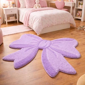 Tappeto trapuntato con fiocco viola, morbido arredamento per cameretta fatto a mano, tappeto kawaii per camera da letto