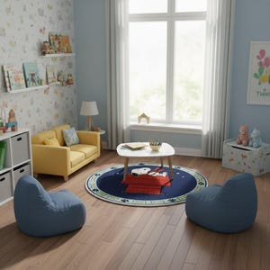 May include: A child's playroom with a yellow sofa, two blue beanbag chairs, and a round rug featuring Snoopy. The room has light blue walls, a white table, and a window with white curtains. Bookshelves and a toy chest add to the playful decor.