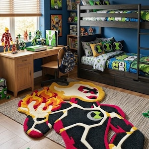 May include: A custom-shaped area rug featuring a black, red, yellow, and white graphic design of a character with a green circular emblem on the chest, placed on a textured grey carpet in a bedroom decorated with various character-themed items.