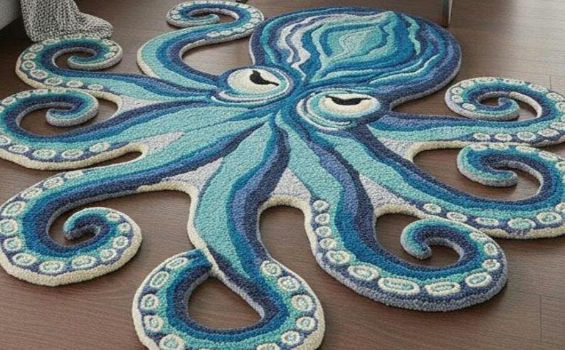 Octopus Channel Rug Handmade Ocean Blue Octopus Rug – Coastal Living Room Carpet - Etsy