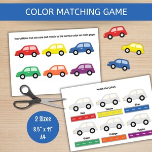 Peut inclure: Un jeu d'association de couleurs avec le texte "COLOR MATCHING GAME" en haut. Le jeu comprend des découpes de voitures imprimées en rouge, jaune, bleu, vert, orange et violet. Le jeu est imprimé sur du papier A4.