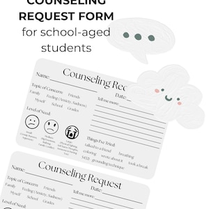 Puede incluir: Un formulario de solicitud de asesoramiento para estudiantes con campos para nombre, fecha, tema de preocupación y nivel de necesidad. Incluye tres iconos de expresiones faciales, una lista de estrategias de afrontamiento y un gráfico de nube.