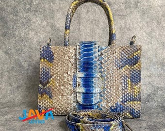 Blue Snakeskin Handbag Genuine Python Leather Top Handle Luxury Exotic Purse for Women