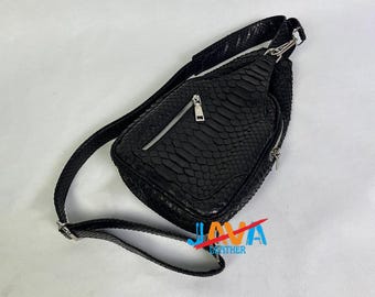 Black Python Snakeskin Sling Bag, Exotic Leather Crossbody Bag, Luxury Handmade Fashion Bag