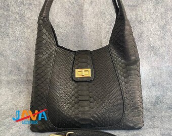 Black Snakeskin Handbag Python Leather Shoulder Bag Luxury Exotic Purse Gift for Her