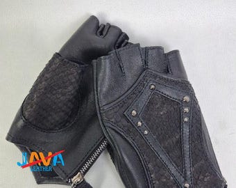 Python Snakeskin Fingerless Leather Gloves Black Biker Gothic Luxury Unisex Handmade